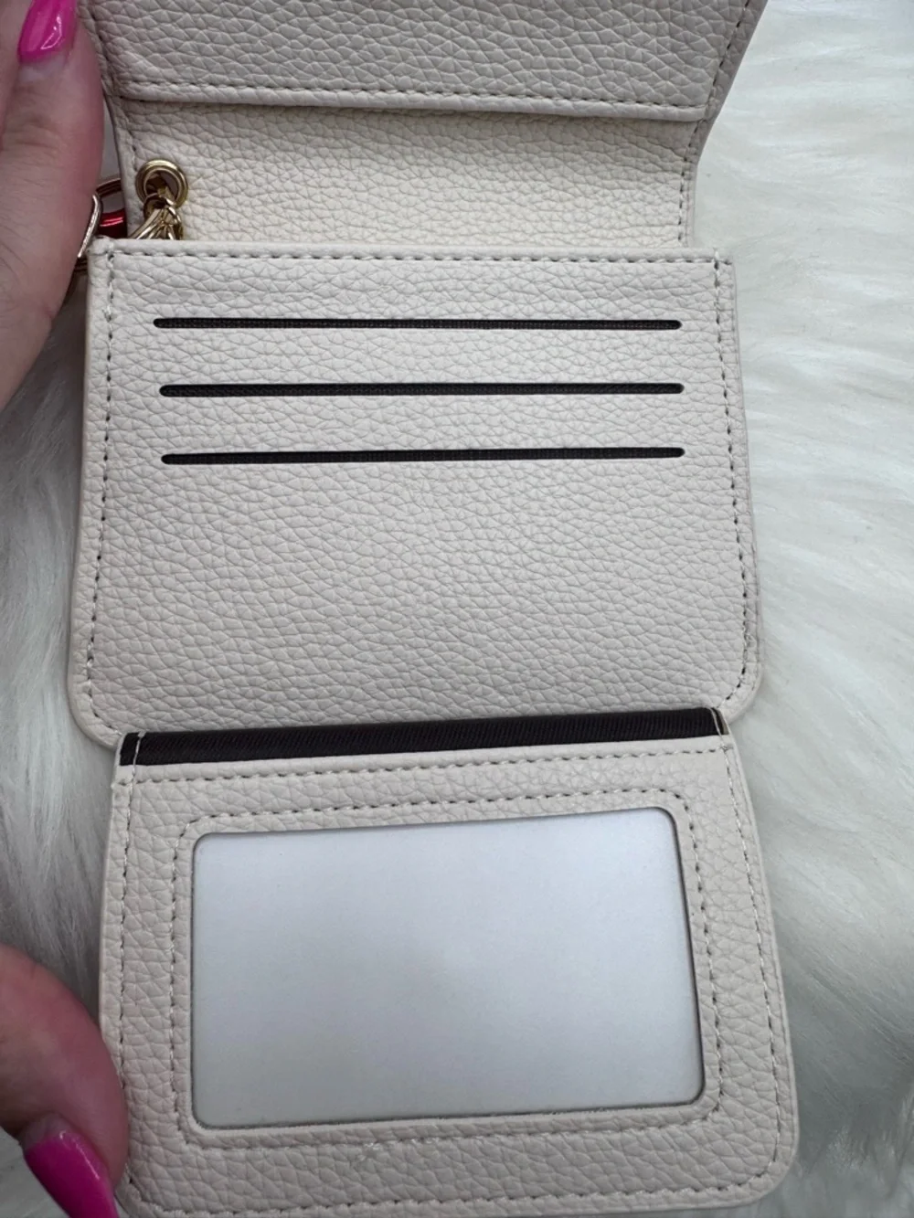 Beige Faux Leather Card Holder Wallet w/ Wristlet Strap & Charm Keychain